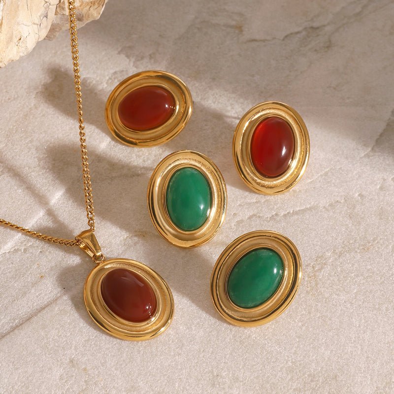 European American Stainless Steel Red Agate Pendant Necklace Premium Niche Natural Stone Stud Earrings Titanium Steel Jewelry Cross Border