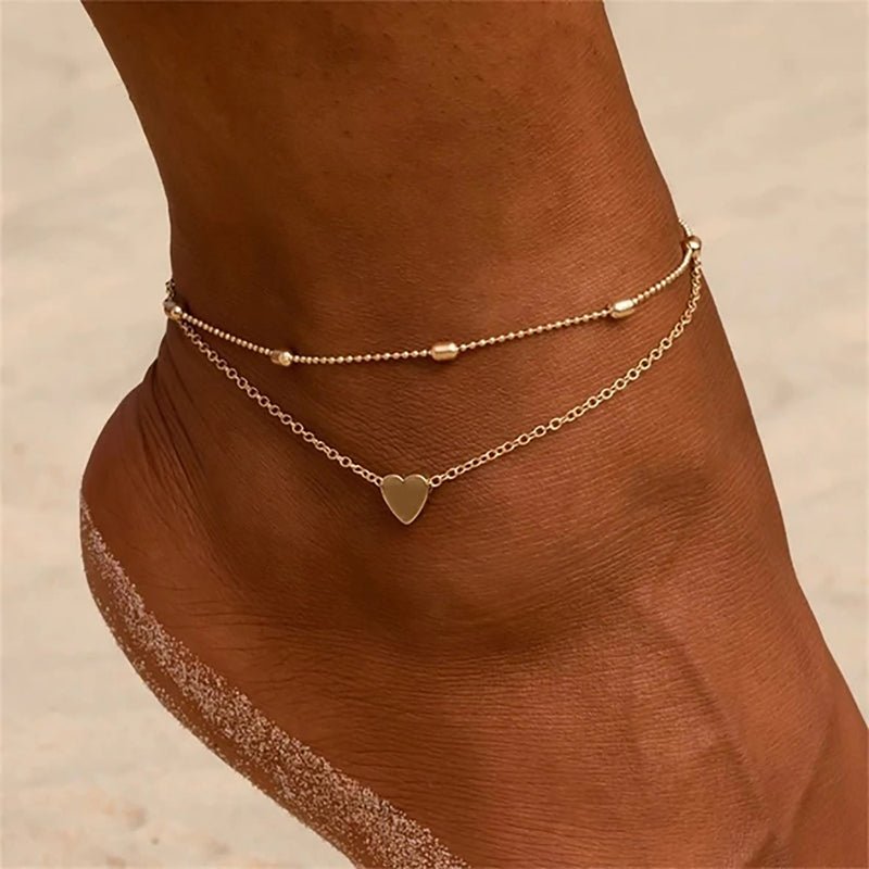 European American INS New Titanium Steel Anklet 18K Gold Plated Heart Pendant Oval Bead Double Layer Anklet For Women Fashion Foot Jewelry