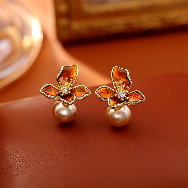Maillard Retro Style Brown Flower Pearl Stud Earrings Simple Fashion Premium Sense Autumn Winter Earrings Women Niche Jewelry
