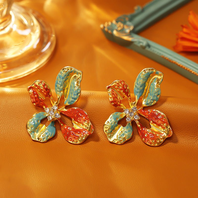 Vintage Mid Century Modern Big Flower Stud Earrings Retro Court Style Luxury Oil Painting Earrings For Women