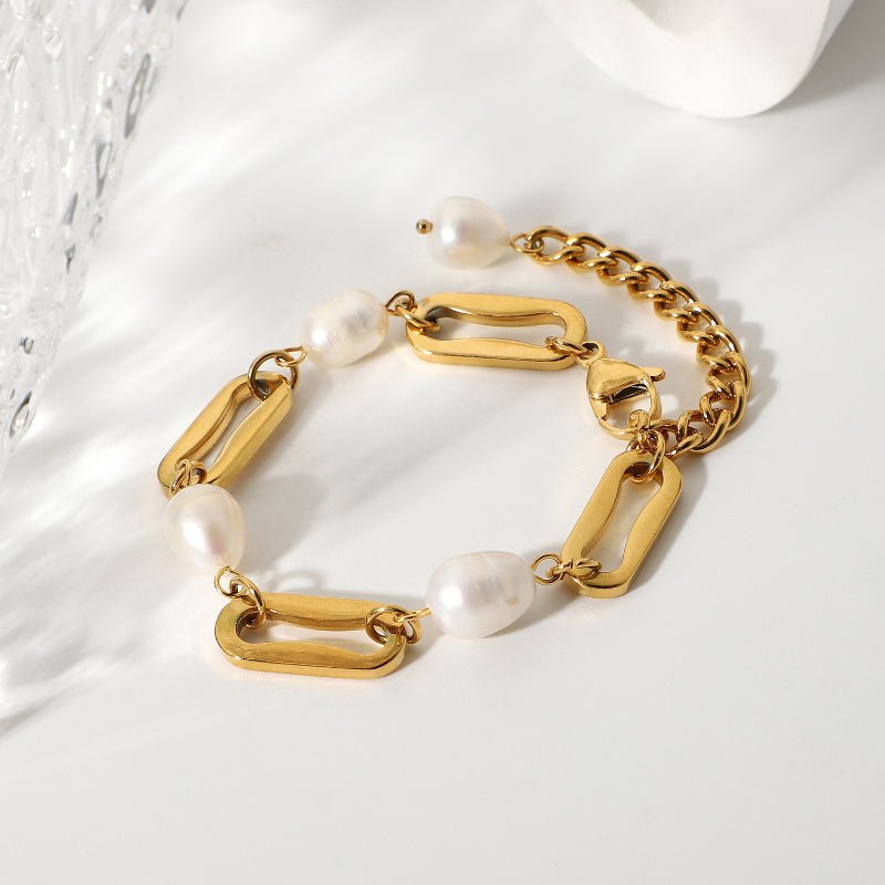 INS Internet Celebrity Same Style 18K Gold Plated Stainless Steel Baroque Freshwater Pearl Bracelet Rectangle Chain Interval Pearl