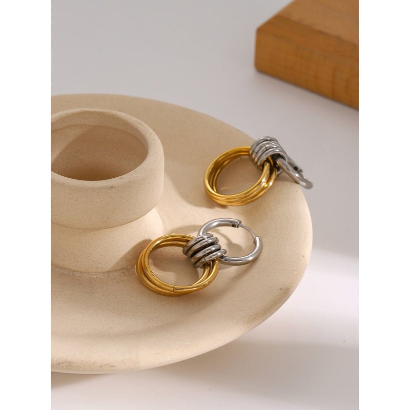 18K Gold Stainless Steel Earrings Color Block Smooth Steel Color Hoop With Three Gold Rings Titanium Steel Earrings