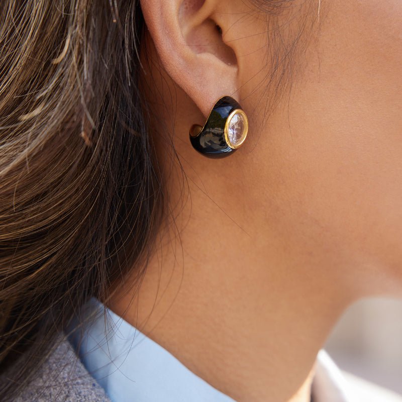 Stainless Steel Enamel Zircon Water Drop Stud Earrings Light Luxury High Grade Minimalist Earrings Titanium Steel European American Cross Border Jewelry