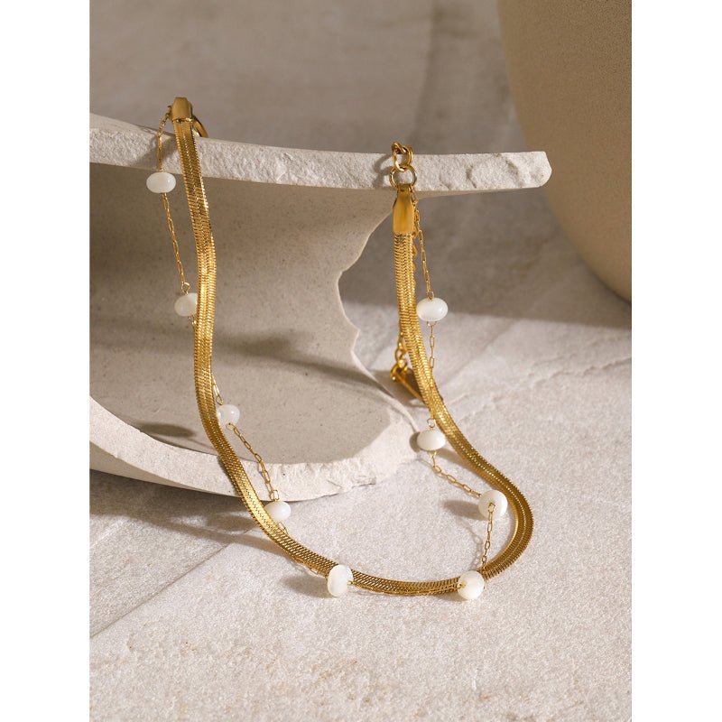 18K Gold Plated Stainless Steel Blade Chain Flat Snake Chain Round Shell Bead Anklet INS Influencer Fashion Anklet