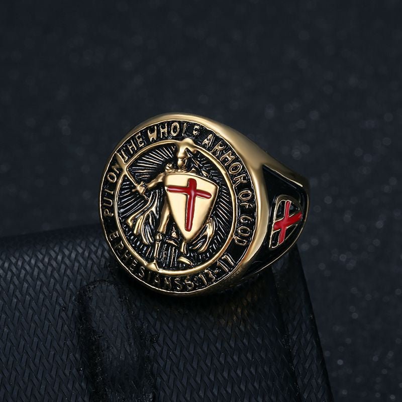 European and American New Hiphop Men Titanium Steel Gold Plated Ring Retro Knights Templar Red Cross Shield Finger Ring