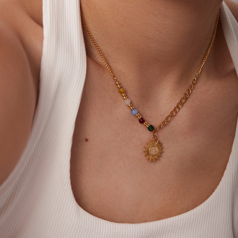 INS French New Titanium Steel Pendant Necklace 18K Gold Natural Stone Cat Eye Sun Pendant Color Stone Necklace