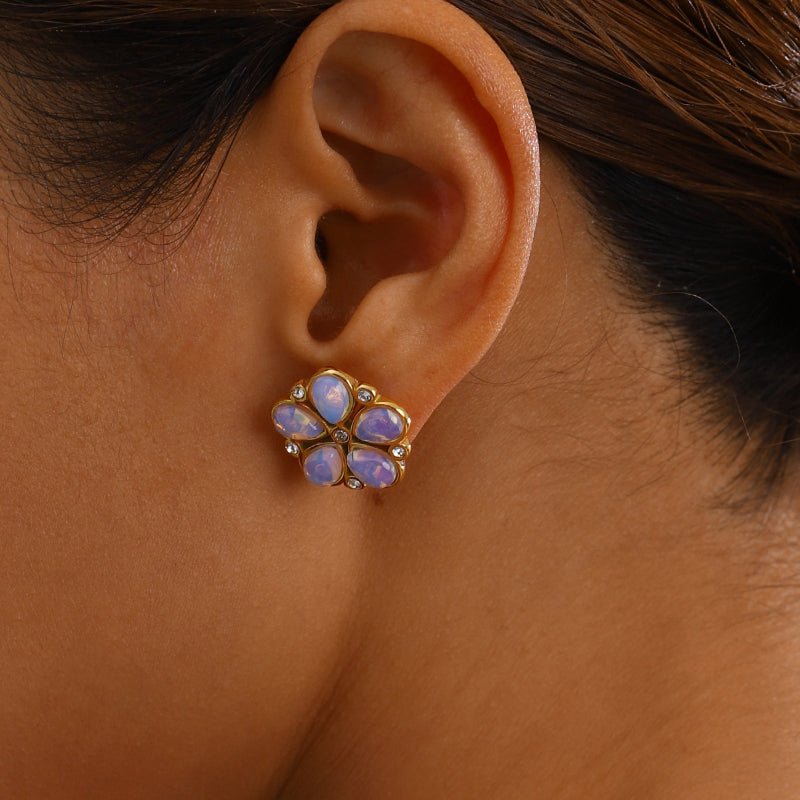 European American Stainless Steel Natural Stone Flower Earrings Premium Zircon Texture Stud Earrings Exquisite Women Jewelry