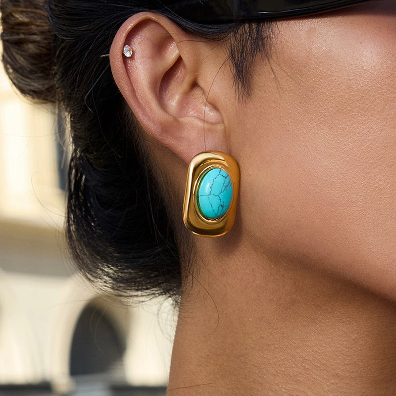 European American Retro Blue Turquoise Titanium Steel Stud Earrings Light Luxury Premium Earrings Stainless Steel Jewelry Non Fading Cross Border