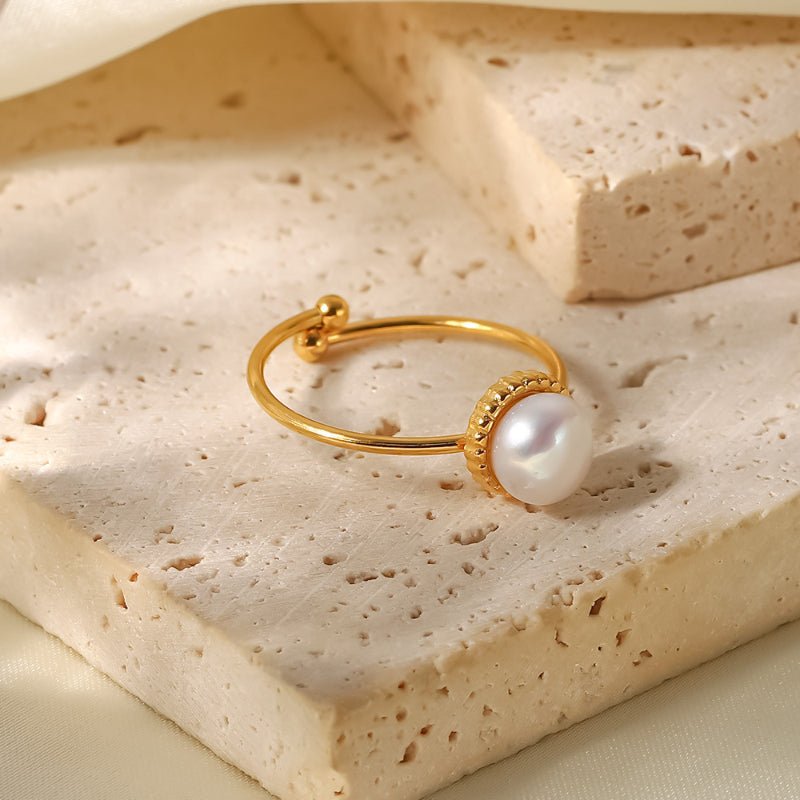 Fashion Internet Celebrity Same Style Ring 18K Gold Plated Stainless Steel Adjustable Freshwater Pearl Bread Bead Delicate Ring