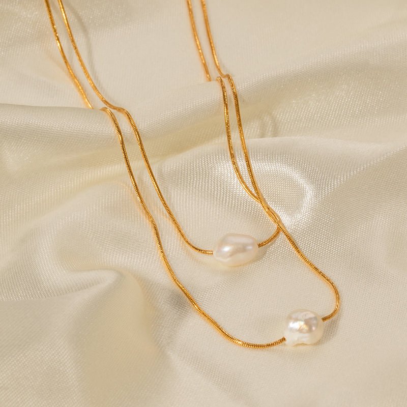 European American INS New Pearl Necklace 18K Gold Plated Stainless Steel Inlaid Freshwater Pearl Double Layer Non Fading Necklace