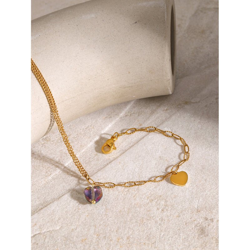 18K Gold Plated Stainless Steel Double Layer Anklet For Women 2024 New INS Fashion Purple Gradient Love Heart Crushed Stone Titanium Steel Anklet