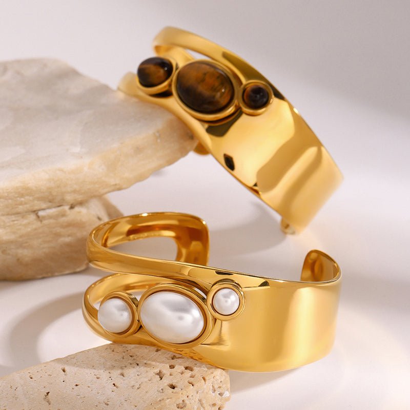 European American Stainless Steel Hollow Pearl Bracelet High Version Natural Stone Open Bangle Titanium Steel Jewelry Cross Border