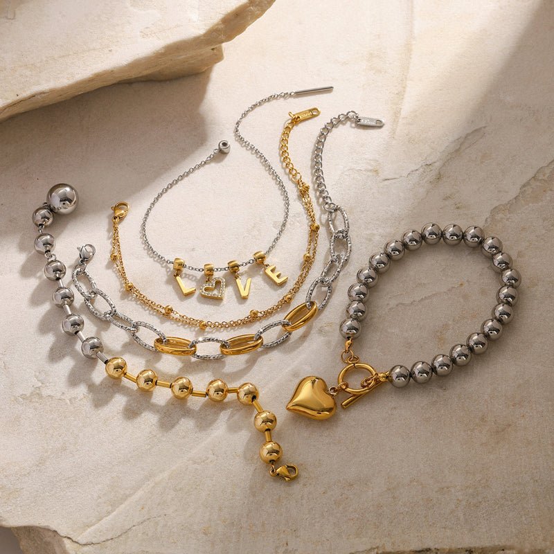 European and American Style Stainless Steel Beaded Bracelet High Sense Color Block Letter Metal Chain Titanium Steel Bracelet Cross Border Jewelry