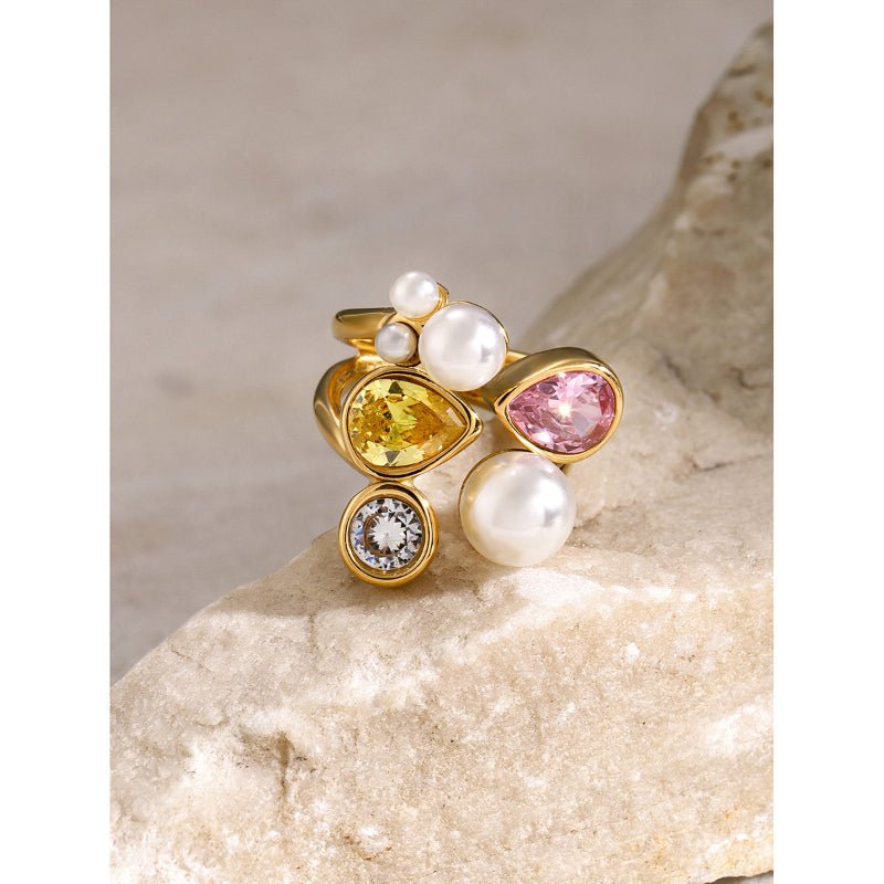 18K Gold Stainless Steel Ring Women INS Irregular White Zircon Faux Pearl Open Titanium Steel Ring