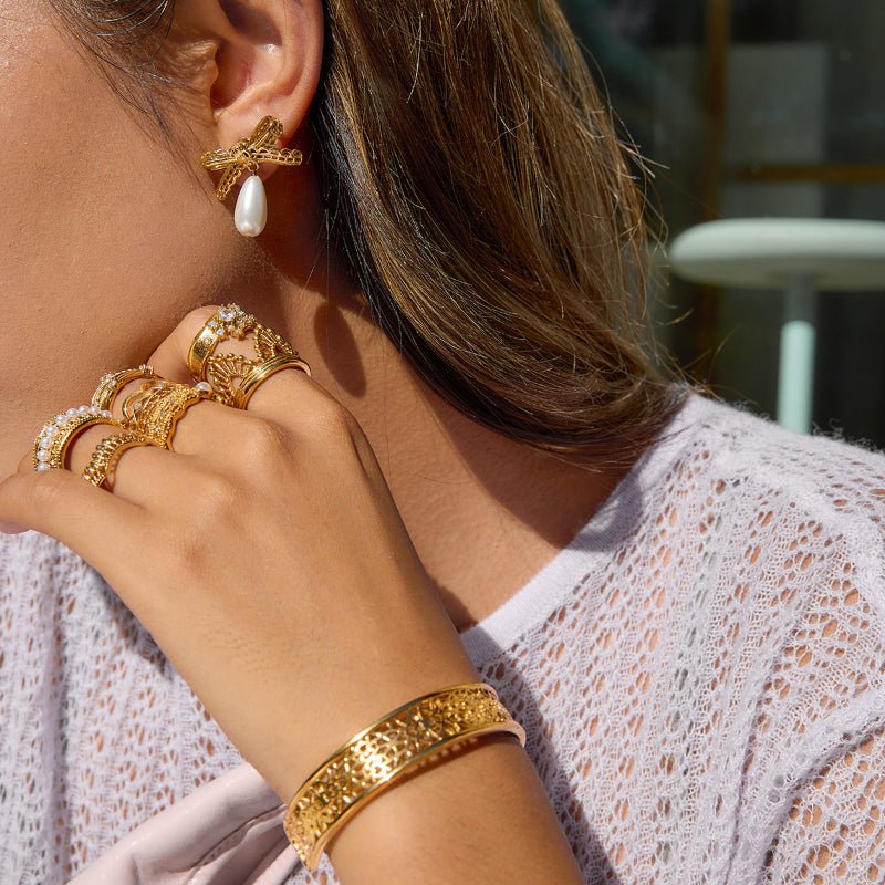 Lace Bow Titanium Steel Faux Pearl Stud Earrings Light Luxury Premium Earrings Stainless Steel Women Jewelry Cross Border