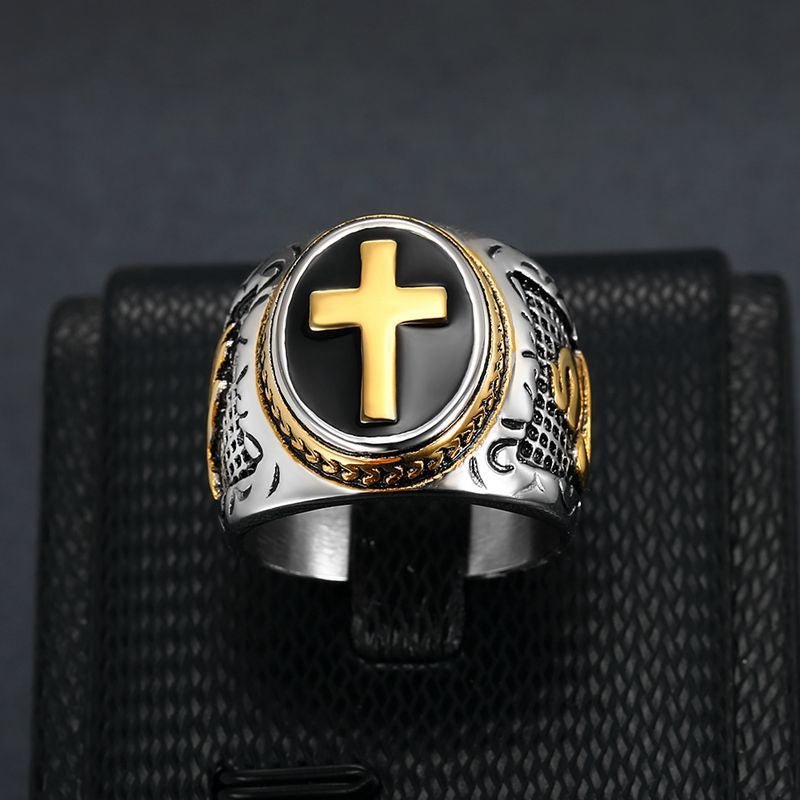 Cross Border New Hip Hop HIPHOP Jewelry Titanium Steel Color Retention Vacuum Gold Plated Hand of God Men Ring