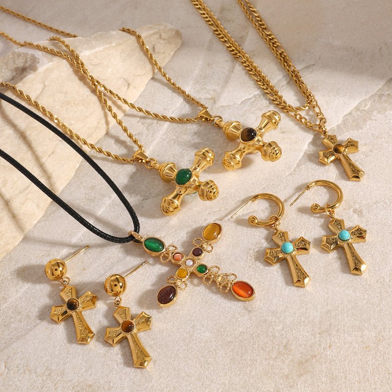 Stainless Steel Natural Stone Necklace Pendant Premium Niche Clavicle Chain Cross Earrings Jewelry Cross Border