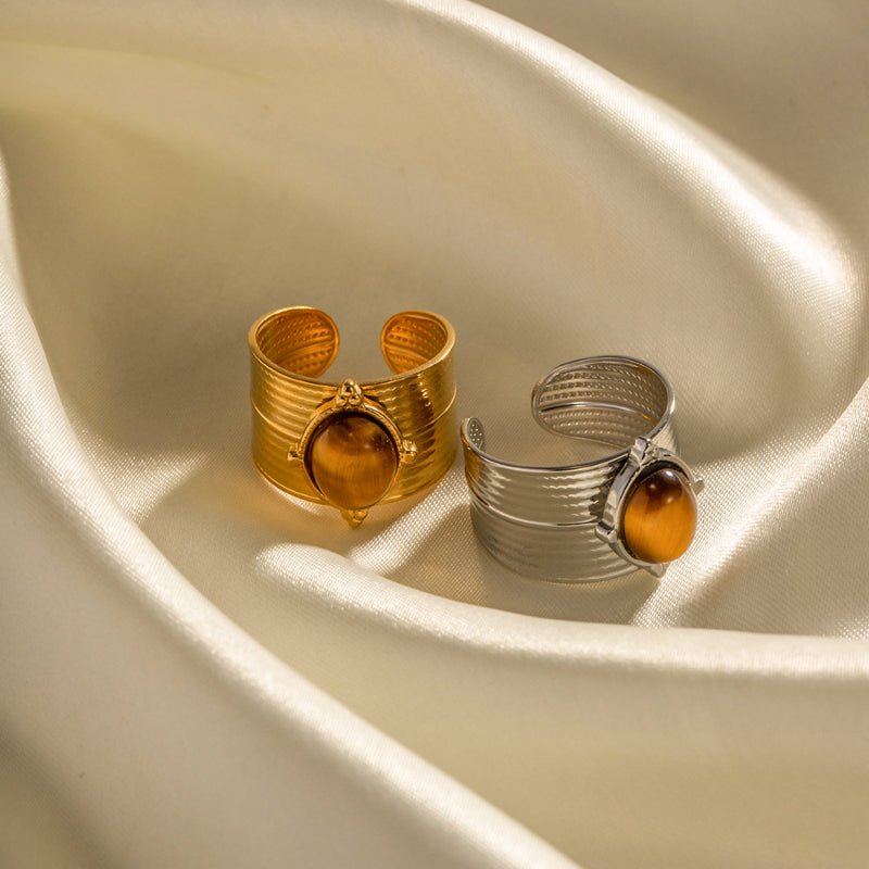 New 18K Gold Natural Stone Tiger Eye Wide Open Ring Stainless Steel Vintage High Quality Women Jewelry Ring