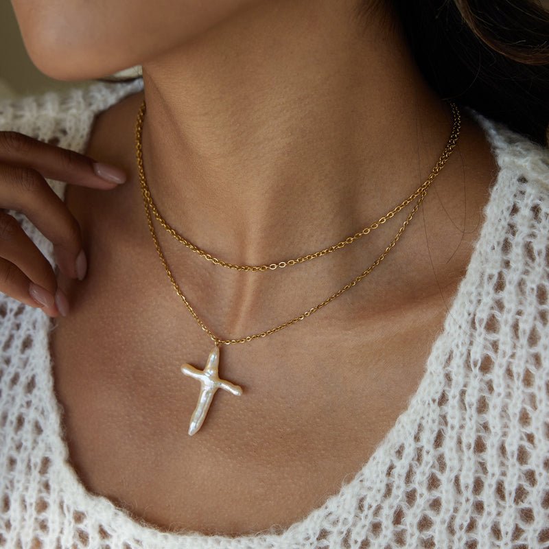Titanium Steel Freshwater Pearl Necklace Cross Clavicle Chain Insect Coin Jewelry Stainless Steel Necklace Cross Border