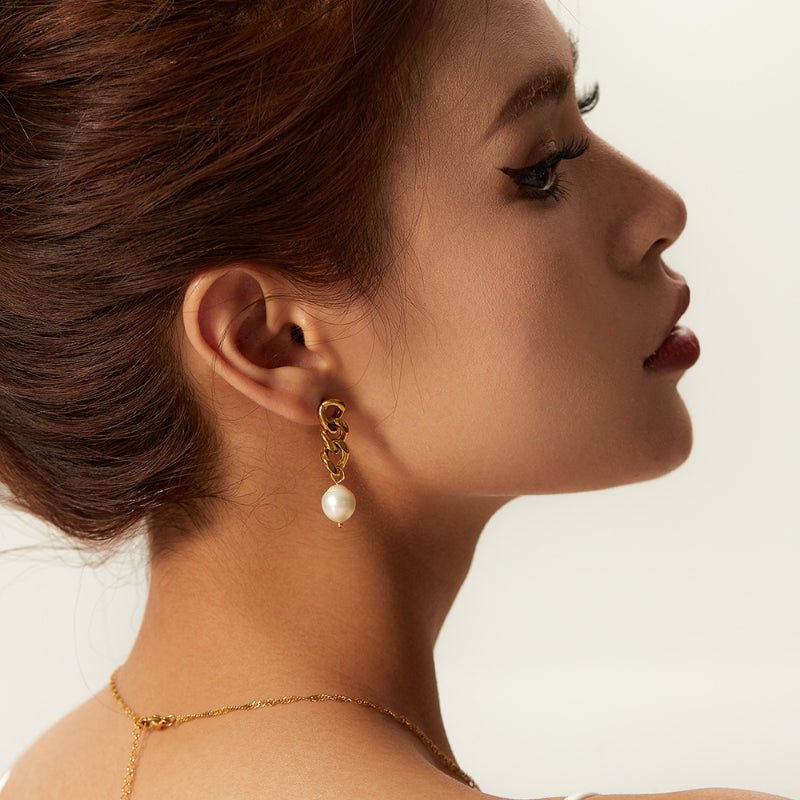 New 18K Gold Plated Baroque Pearl Dangle Earrings Geometric Stainless Steel Cuban Chain Freshwater Pearl Earrings For Women