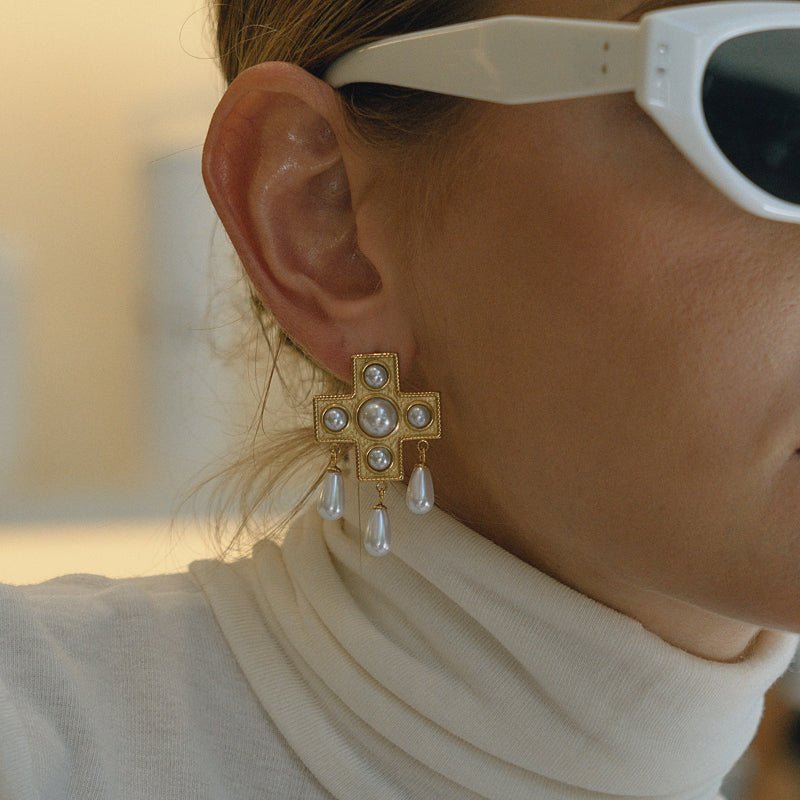 Cross Titanium Steel Faux Pearl Stud Earrings Niche Premium Earrings Non Fading Women Jewelry Stainless Steel Cross Border