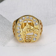 European and American Cross-border New Hip Hop HIPHOP Jewelry Titanium Steel Gold Plated Zircon Horse Head Men Ring