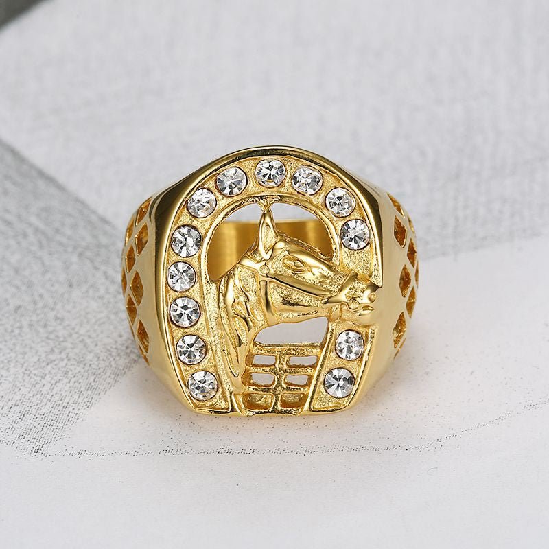 European and American Cross-border New Hip Hop HIPHOP Jewelry Titanium Steel Gold Plated Zircon Horse Head Men Ring
