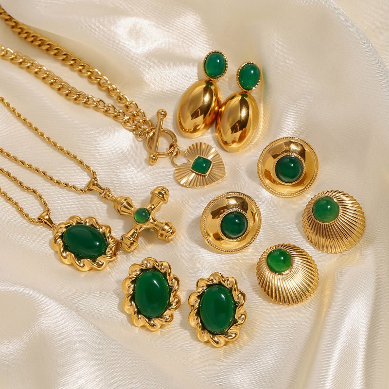European American Stainless Steel Emerald Natural Stone Pendant Necklace Premium Vintage Stud Earrings Titanium Steel Jewelry Cross Border