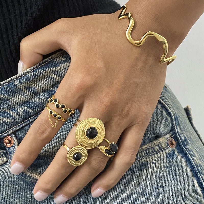 European American Stainless Steel Black Onyx Ring Premium Natural Stone Finger Ring Titanium Steel Jewelry Cross Border Rings