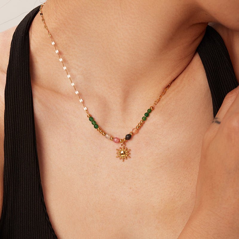 French Fashion Retro INS Style Natural Stone Pendant Necklace 18K Gold Plated Stainless Steel Sun Pendant Titanium Steel Jewelry For Women