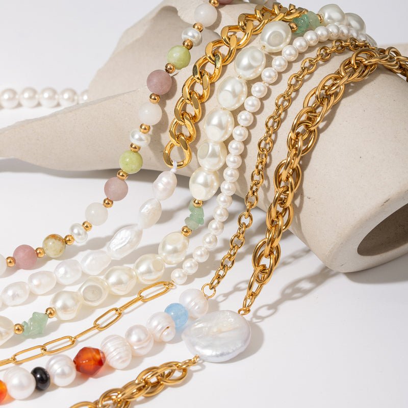 Cross Border Jewelry Stainless Steel Pearl Necklace Premium Clavicle Chain Titanium Steel European American INS Natural Stone Chain