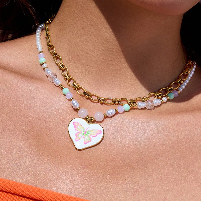 European American Stainless Steel Oil Drip Love Heart Faux Pearl Necklace Summer Choker Cross Border Hot Sale Titanium Steel Jewelry