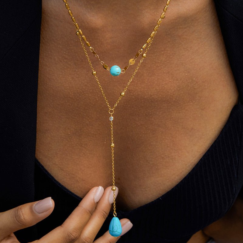 European American Blue Turquoise Double Layer Titanium Steel Long Necklace For Women Light Luxury Premium Y Chain Stainless Steel Jewelry