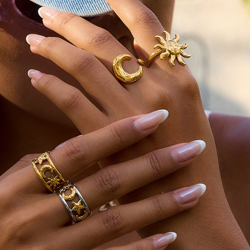 Moon Star Color Block Titanium Steel Ring for Women | Waterproof Non-Fading Hypoallergenic Stainless Steel Fashion Jewelry