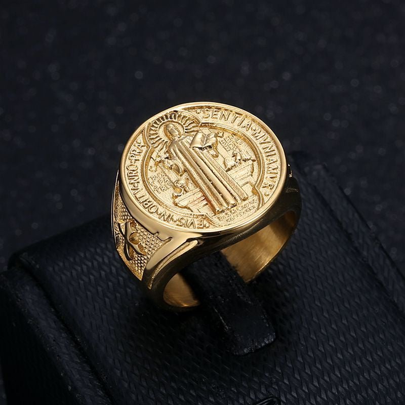 Amazon Hot Selling New Arrival Hip Hop Titanium Steel Jewelry Saint Benedict Exorcism Medal Stainless Steel Gold Plated Men Ring