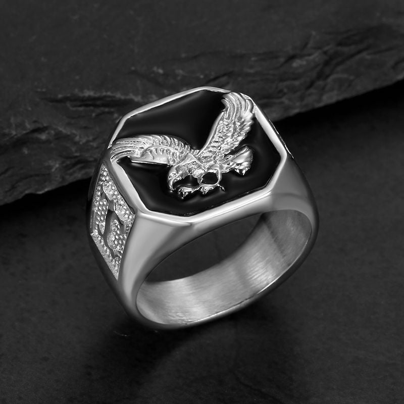 European and American Cross-border New Hot Selling Hip Hop Stainless Steel Gold Plated Enamel Flying Eagle Domineering Men Ring