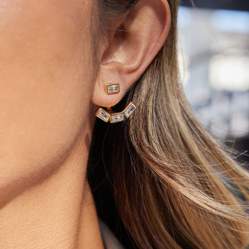 Cross Border Stainless Steel Front Back Zircon Earrings Light Luxury High Grade Minimalist Stud Earrings Titanium Steel Earrings European American Jewelry