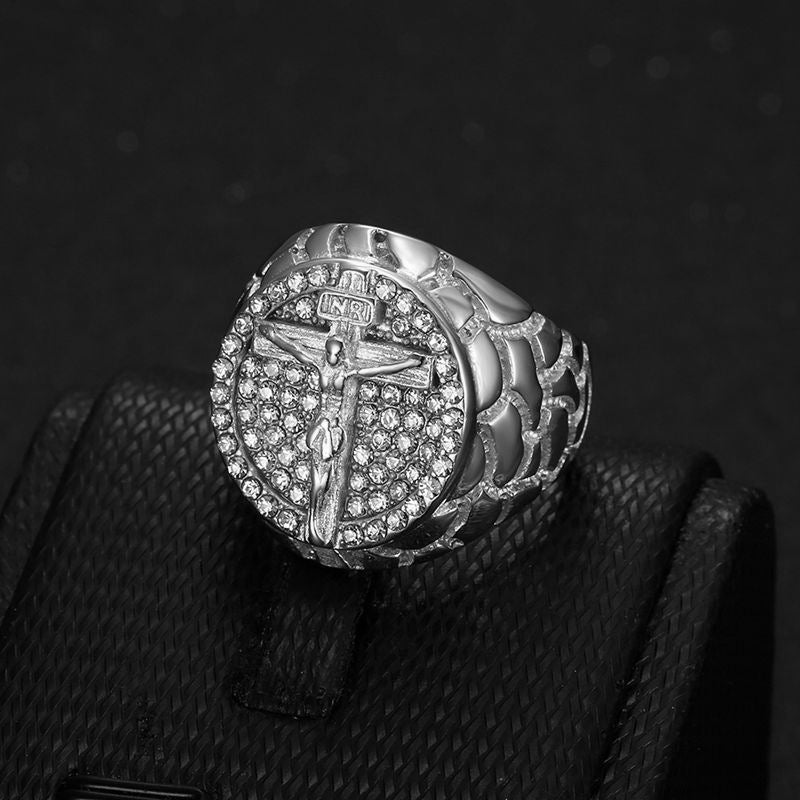 European and American Cross Border New Hiphop Hip Hop Finger Ring Titanium Steel Vacuum Gold Plated Rhinestone Cross Men Ring