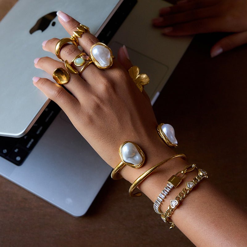 Cross Border Imitation Baroque Pearl Ring Titanium Steel Non Fading Open Bangle Premium Stainless Steel Women Jewelry