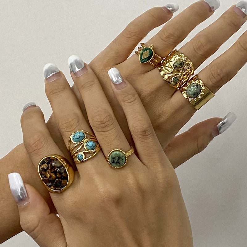 European American Stainless Steel Natural Stone Turquoise Ring Premium Niche Finger Ring Titanium Steel Jewelry Cross Border Ring