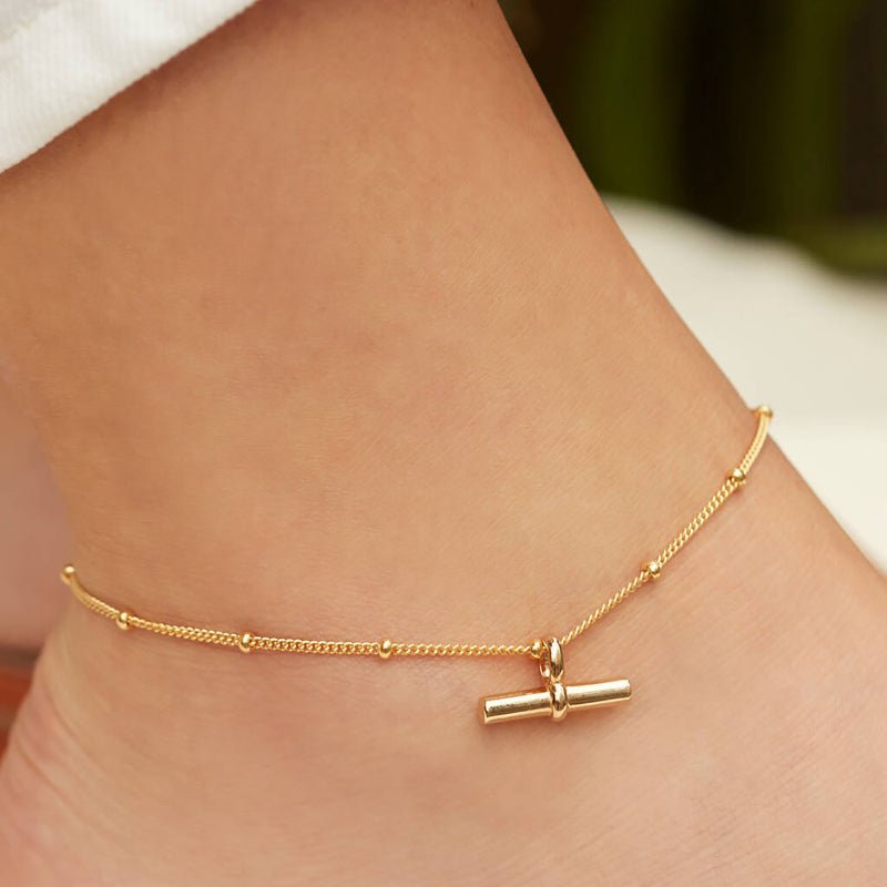 INS New Titanium Steel Anklet 18K Gold Personalized Tbar Bar Pendant Ball Chain Anklet Fashion Versatile Anklet