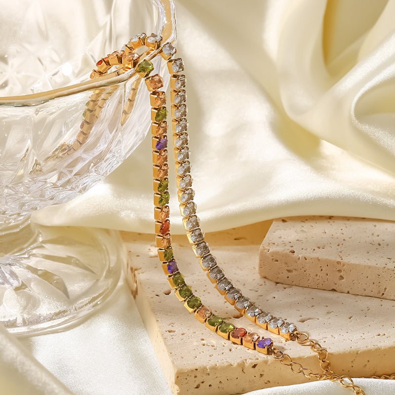 18K Gold Plated Stainless Steel Oval White/Mix Zircon Bracelet Necklace Women's Fashion Versatile Titanium Steel Jewelry Wholesale