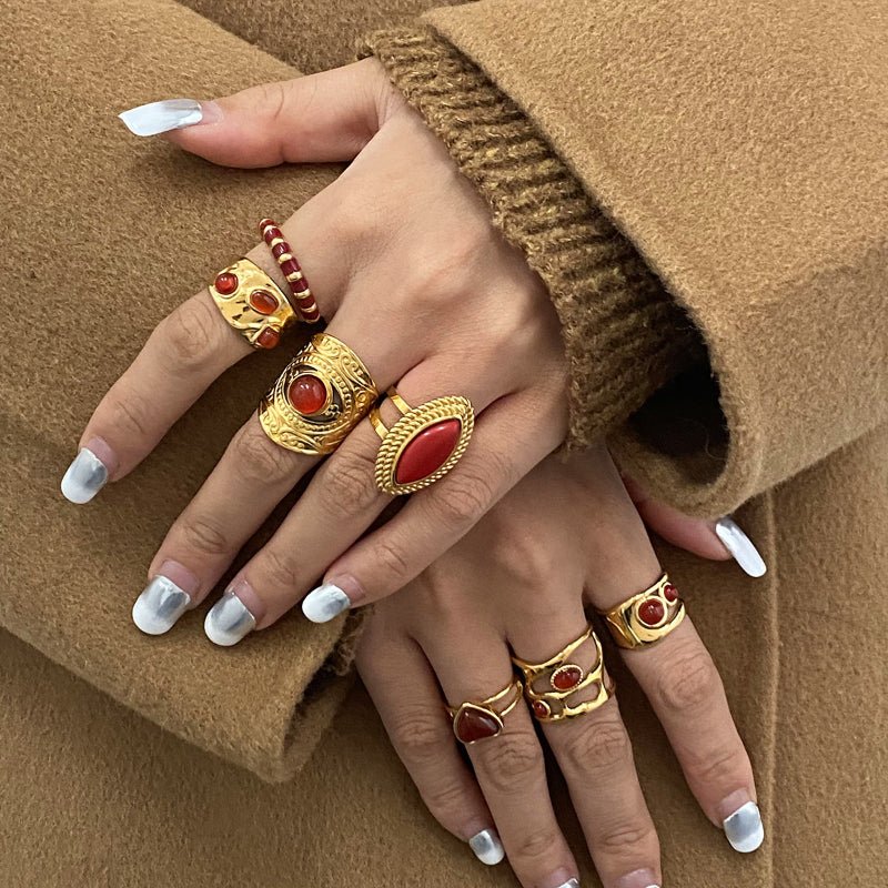 18K Gold Plated Stainless Steel Red Agate Heart Necklace Earrings Ring Set High-End Dainty Pendant INS Style Cross-Border Jewelry for Women