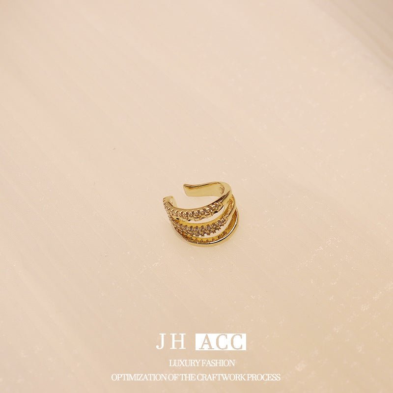 Real Gold Plated French Shiny Zircon INS Double Layer Ear Cuff Luxury Design Ear Clip No Piercing For Women