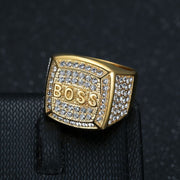 European and American New Hiphop HIPHOP Finger Ring Titanium Steel Vacuum Plated Rhinestone Square BOSS Letter Men Ring