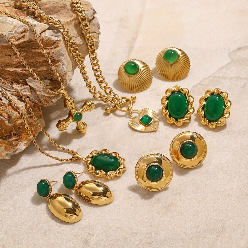 European American Stainless Steel Emerald Natural Stone Pendant Necklace Premium Vintage Stud Earrings Titanium Steel Jewelry Cross Border