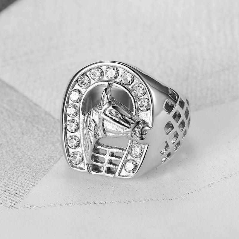 European and American Cross-border New Hip Hop HIPHOP Jewelry Titanium Steel Gold Plated Zircon Horse Head Men Ring