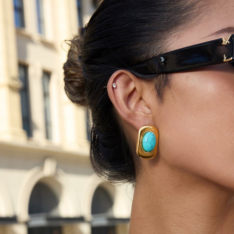 European American Retro Blue Turquoise Titanium Steel Stud Earrings Light Luxury Premium Earrings Stainless Steel Jewelry Non Fading Cross Border