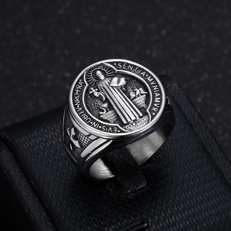 Amazon Hot Selling New Arrival Hip Hop Titanium Steel Jewelry Saint Benedict Exorcism Medal Stainless Steel Gold Plated Men Ring