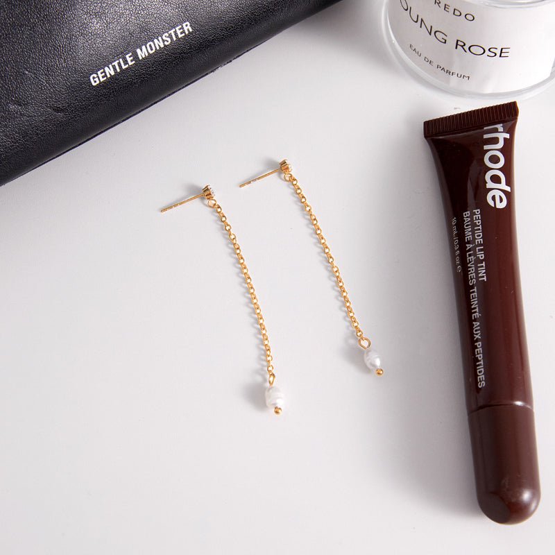 European American Stainless Steel Zircon Freshwater Pearl Tassel Earrings Light Luxury Premium Stud Earrings Titanium Steel Cross Border Jewelry